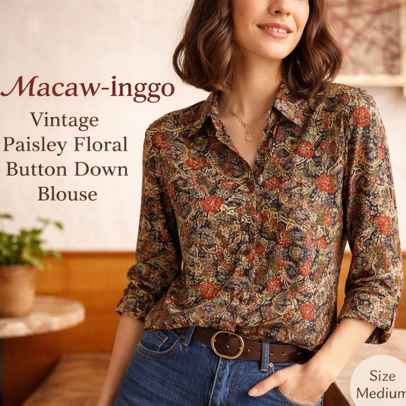 Macaw-Inggo Tops - Macaw-Inggo Blouse Vintage Paisley Floral Button Down Blouse Retro Size Medium